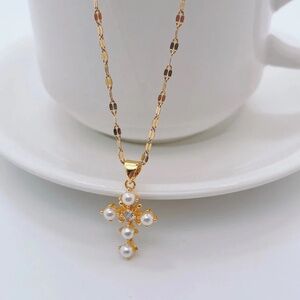 Tiny Gorgeous Pearl Cross Necklace Gold Plated Religious Necklace